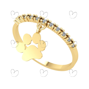Anel Pet Pingente Patinha com Pedras no Aro Ouro 18k