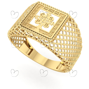 Anel Medalha Quadrada de São Bento Aro Telado Ouro 18k