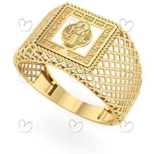 Anel São Bento Quadrado com Imagem Aro Telado Ouro 18k