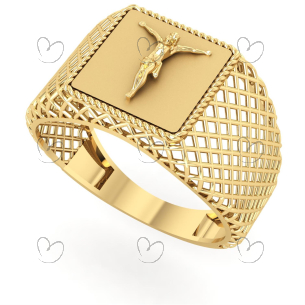 Anel Crucifixo Dourado Quadrado Cristo Aro Telado Ouro 18k
