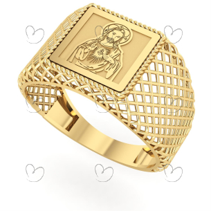 Anel de Jesus Quadrado Aro Telado Ouro 18k