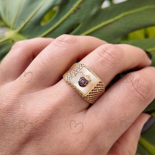 Anel Sagrado Coração de Jesus Quadrado com Pedras Aro Telado Ouro 18k