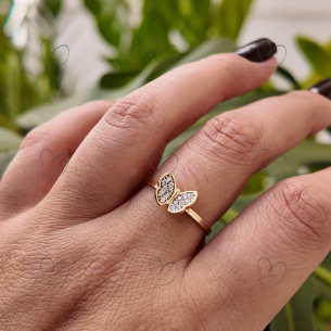 Anel Borboleta Com Zirconias em Ouro 18k