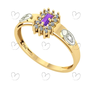 Anel Formatura Letras Baguete Aro Detalhe Vazado Ouro 18K