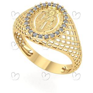 Anel São Bento Oval Aro Telado Ouro 18k