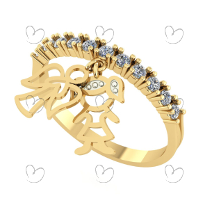 Anel Pingentes Menina e Anjinho com Aro Cravejado Ouro 18k