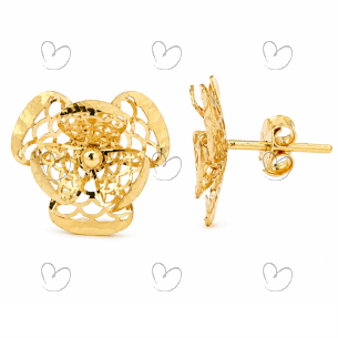 Brinco Flor Vazado Escama 3 Pétalas Ouro 18k