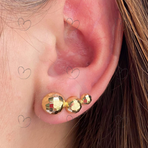 Brinco Ear Cuff Três Meia Bola Diamantada Ouro 18k