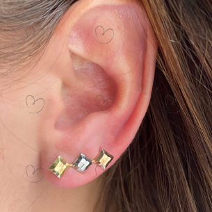 Brinco Quadrado Três Cores com Detalhes diamantados Ouro 18k