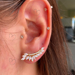 Brinco Ear Cuff Fileira e Navetes Ouro 18k