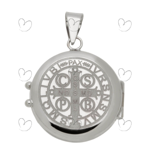 Pingente Relicário Redondo São Bento Ouro Branco 18k