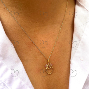 Pingente Coração com Coroa Cravejado com Zircônia Vermelha Ouro 18k
