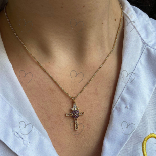 Pingente Sagrado Coração na Cruz Pequeno Ouro 18k