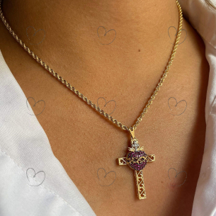 Pingente Sagrado Coração na Cruz Grande Ouro 18k