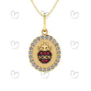 Pingente Oval Coração Sagrado Com Pedras Ouro 18k