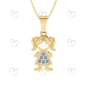 Pingente Menina Pave 5 Pedras Ouro 18k