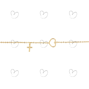 Pulseira Bailarina Coração e Cruz em Ouro 18k