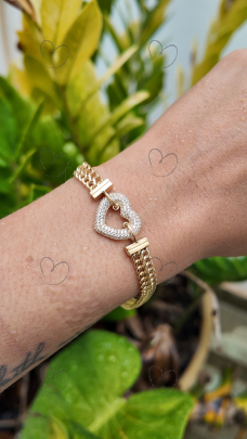 Pulseira Lacraia Coração Cravejado 19cm Ouro 18k