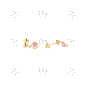 Brinco Baby Coração Cristal Pendurado Rosa Ouro 18k