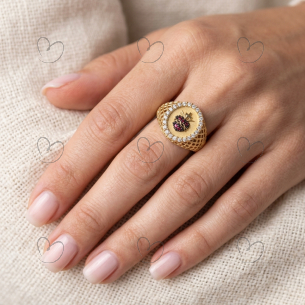 Anel Coração Sagrado Oval Aro Telado Ouro 18k