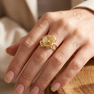 Anel Flor Vazado Escama 4 Pétalas Ouro 18K