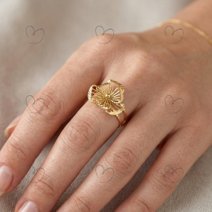 Anel Flor Vazado Fios 3 Pétalas Ouro 18K