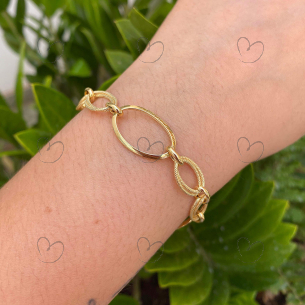 Pulseira Conjunto de Elos Médios Ovais com Mix de Texturas Ouro 18k