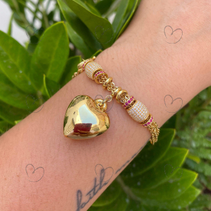Pulseira Trigo com Bailarina e Pingentes de Coração e Separador Ouro 18k