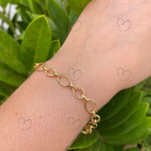 Pulseira Elos Ovais Lisos e Diamantados Ouro 18k