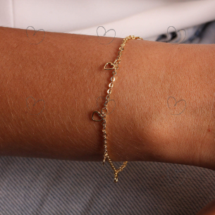 Pulseira Malha Bailarina com Berloques de Coração 19,5cm Ouro 18k