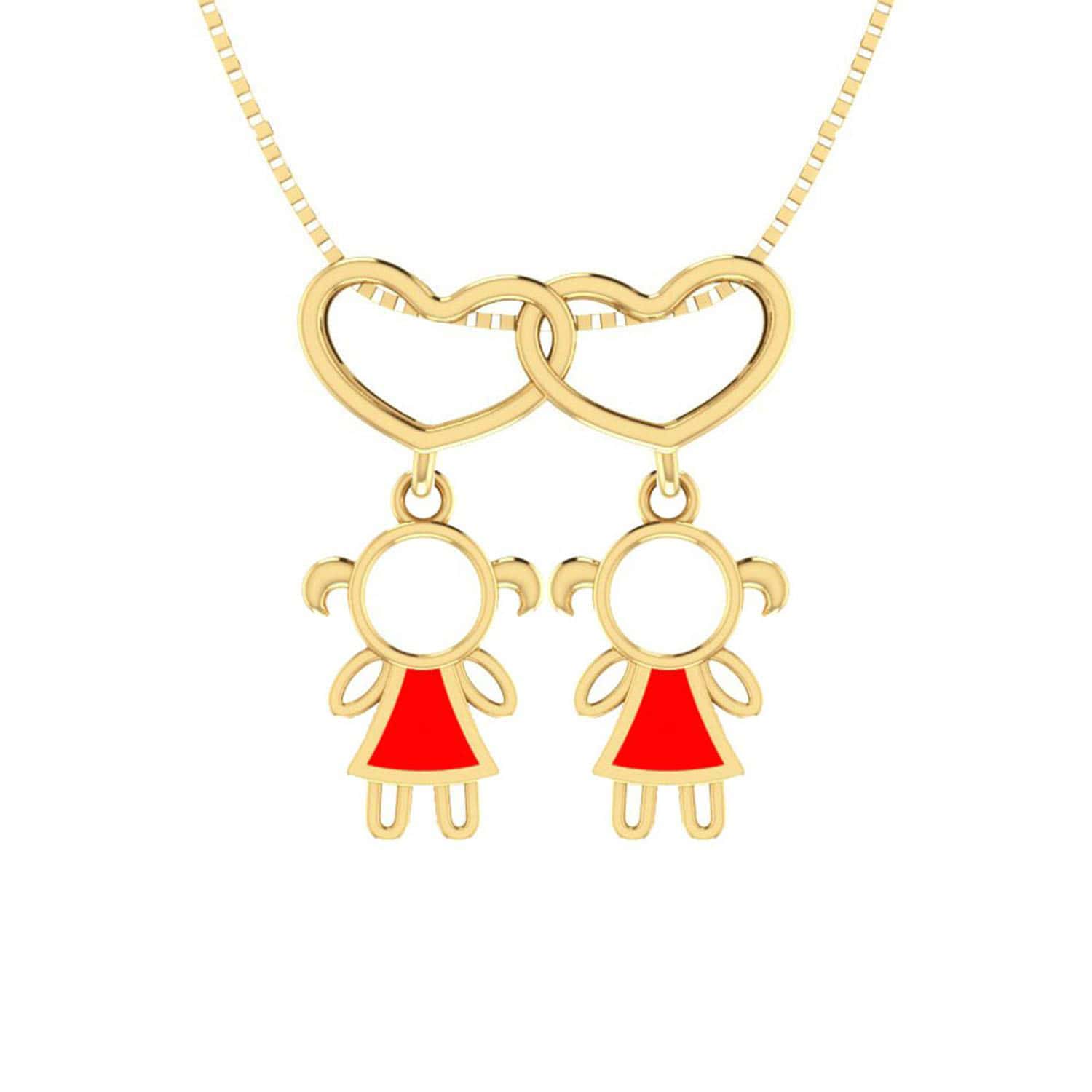 Pingente Canga Coração Duplo Duas Meninas Ouro 18k