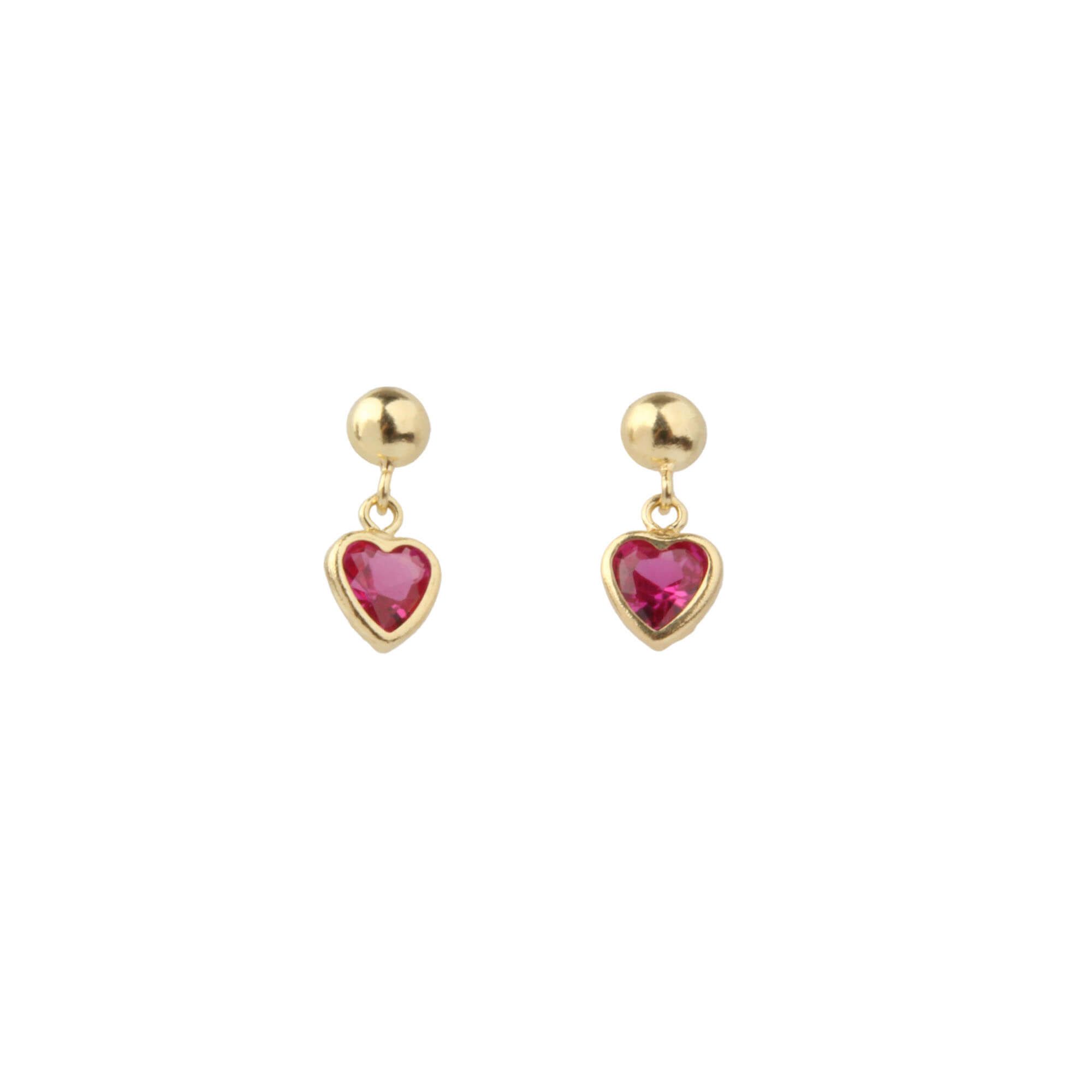 Brinco Baby Coração Cristal Pendurado Pink Ouro 18k